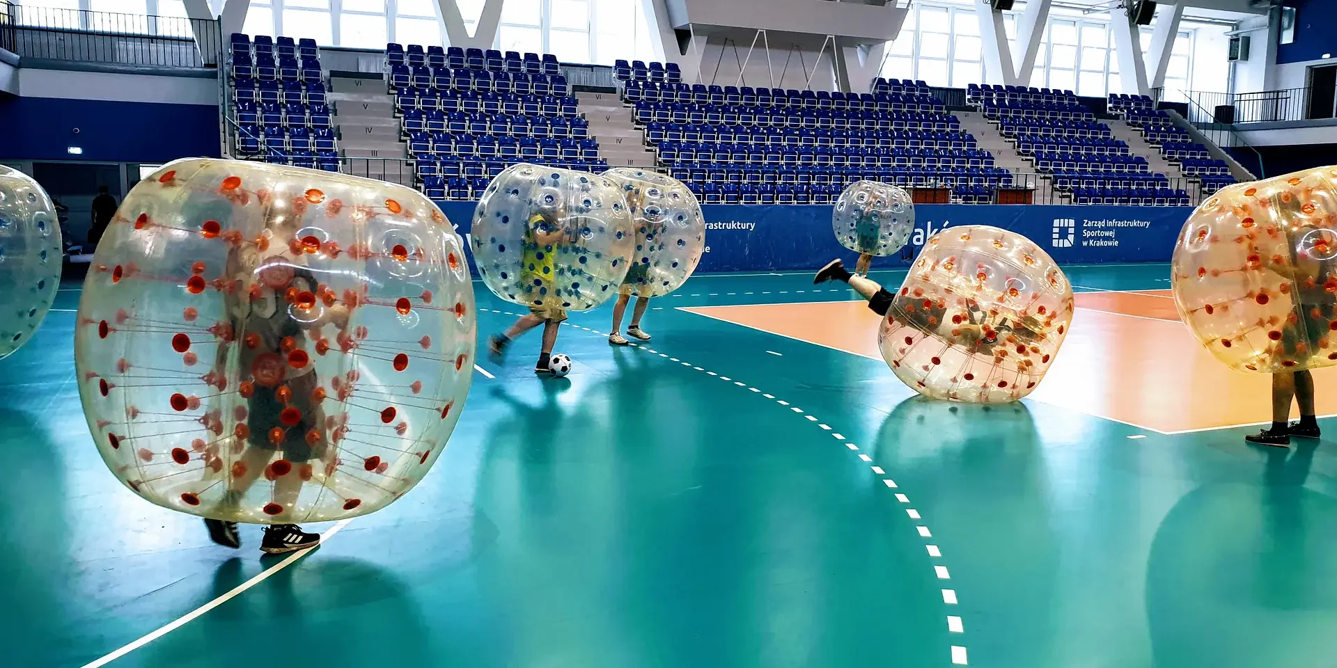 Bumper ball match in a sports hall in Krakow Bumper ball match in a sports hall in Krakow